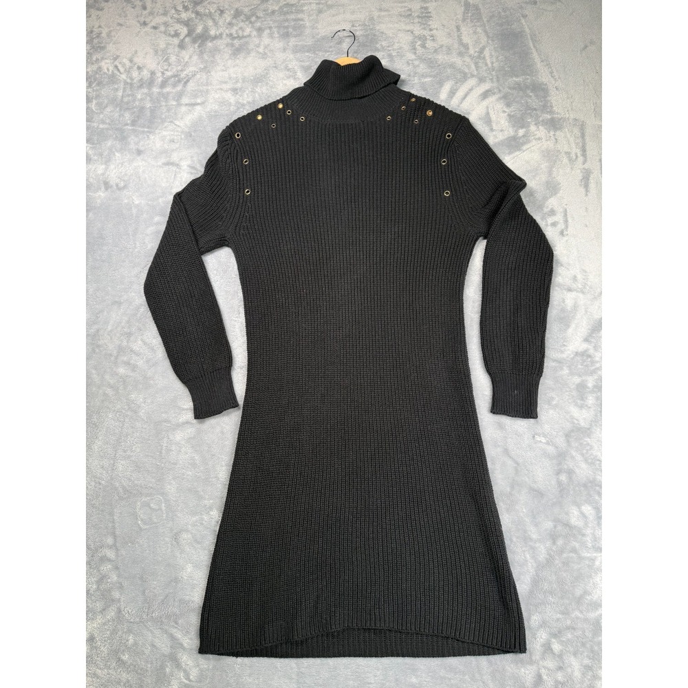525 America Sweater Dress Women's XS Black Cotton Chunky Knit Eyelet Shoulders